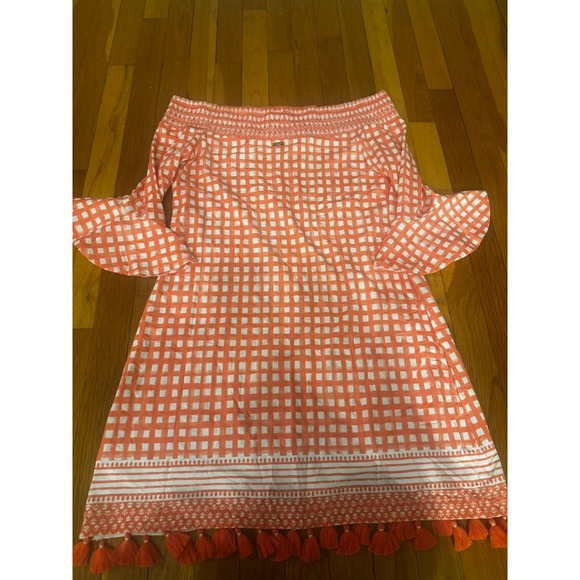 Cabana Life Coral Off Shoulder Tassel Dress Bell Sleeves M NWT - Picture 9 of 10